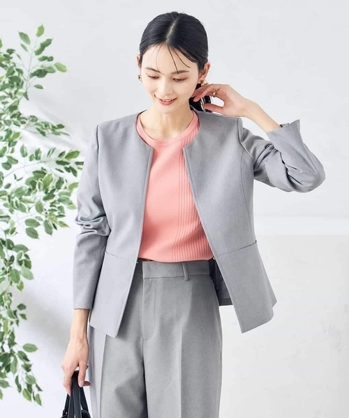 ジャケット ノーカラージャケット 「洗える/ストレッチ/UVカット」麻調ストレッチキーネックジャケット レディースの画像