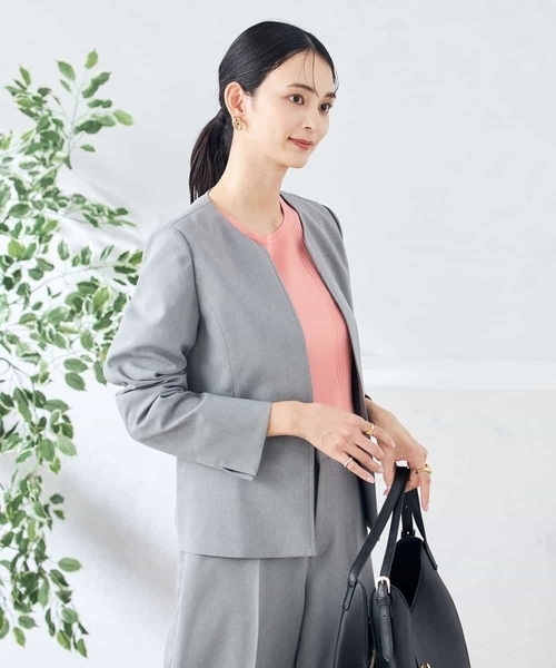 ジャケット ノーカラージャケット 「洗える/ストレッチ/UVカット」麻調ストレッチキーネックジャケット レディースの画像