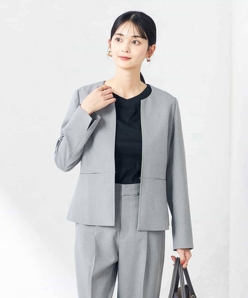 ジャケット ノーカラージャケット 「洗える/ストレッチ/UVカット」麻調ストレッチキーネックジャケット レディースの画像