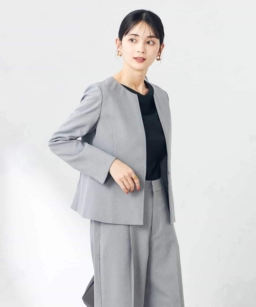 ジャケット ノーカラージャケット 「洗える/ストレッチ/UVカット」麻調ストレッチキーネックジャケット レディースの画像
