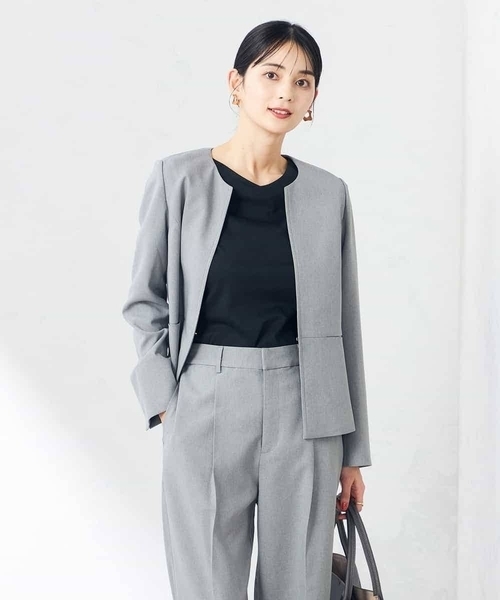 ジャケット ノーカラージャケット 「洗える/ストレッチ/UVカット」麻調ストレッチキーネックジャケット レディースの画像