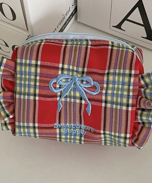 ROOP TOKYO ポーチ Ribbon-embroidered checkered pouch