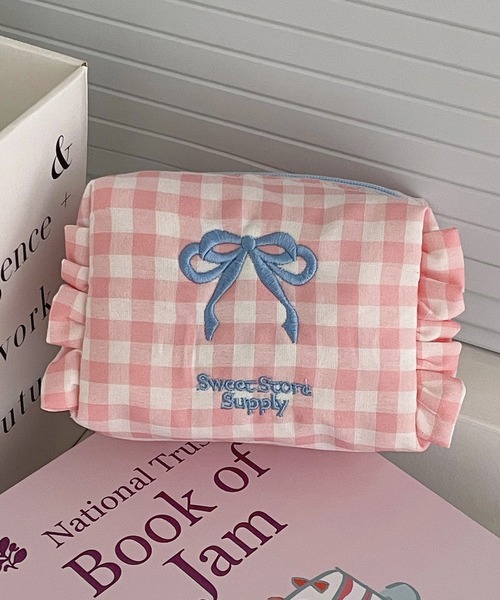 ROOP TOKYO ポーチ Ribbon-embroidered checkered pouch
