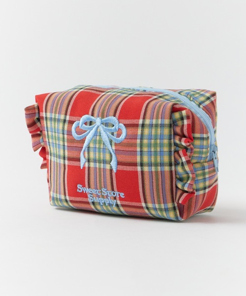 ROOP TOKYO ポーチ Ribbon-embroidered checkered pouch