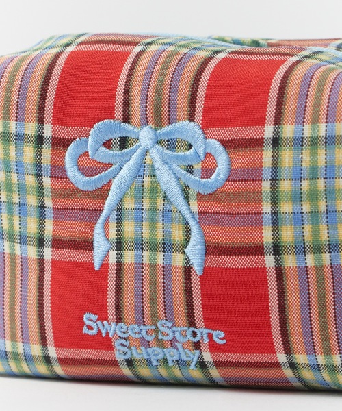 チェック柄リボン付きポーチ ROOP TOKYO ポーチ Ribbon-embroidered checkered pouch