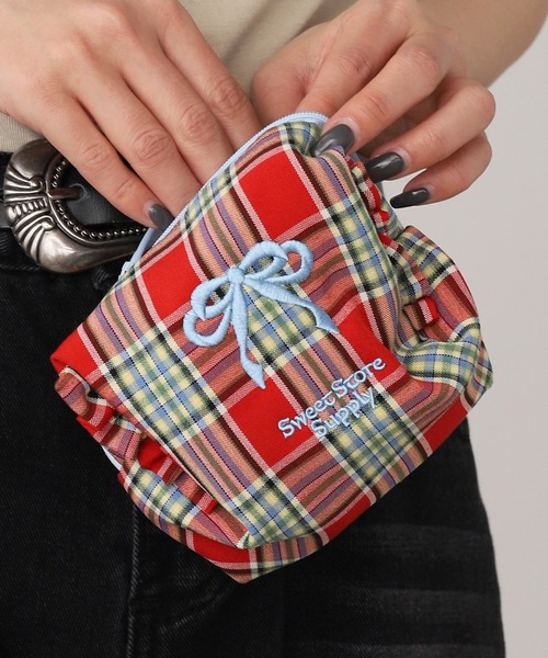 チェック柄リボン付きポーチ ROOP TOKYO ポーチ Ribbon-embroidered checkered pouch