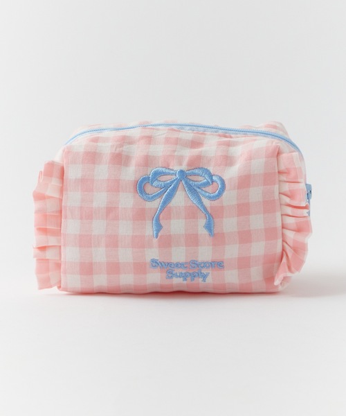 チェック柄リボン付きポーチ ROOP TOKYO ポーチ Ribbon-embroidered checkered pouch