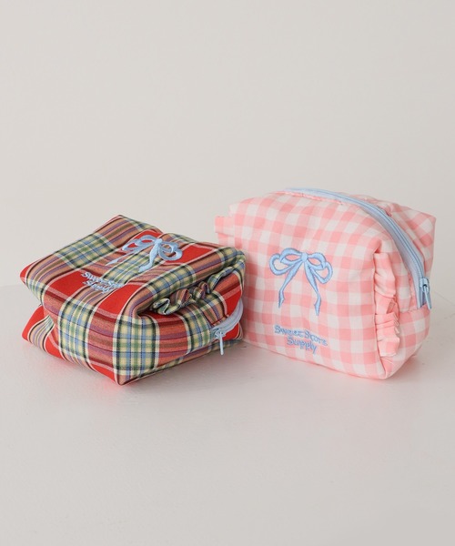 ROOP TOKYO ポーチ Ribbon-embroidered checkered pouch