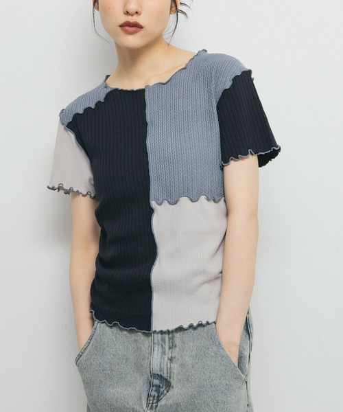 パッチワークカットソー KBF tシャツ MIXカラーパッチワークカットソー レディース