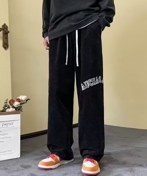 パンツ ワンポイントロゴ刺繍細コールワイドパンツ メンズ レディース