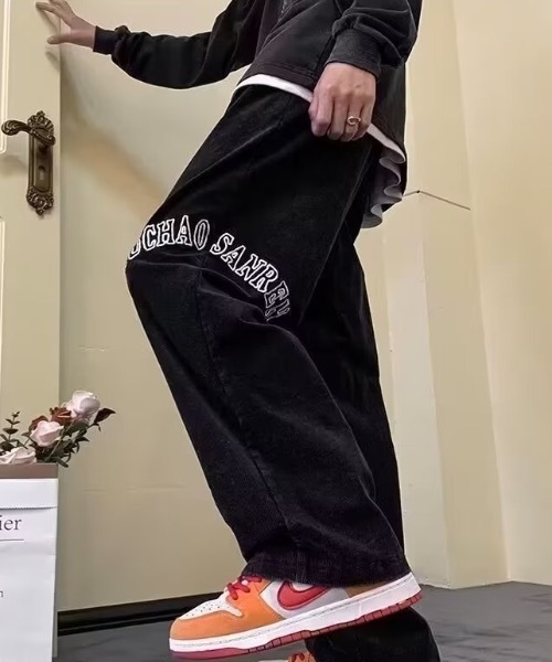 パンツ ワンポイントロゴ刺繍細コールワイドパンツ メンズ レディース
