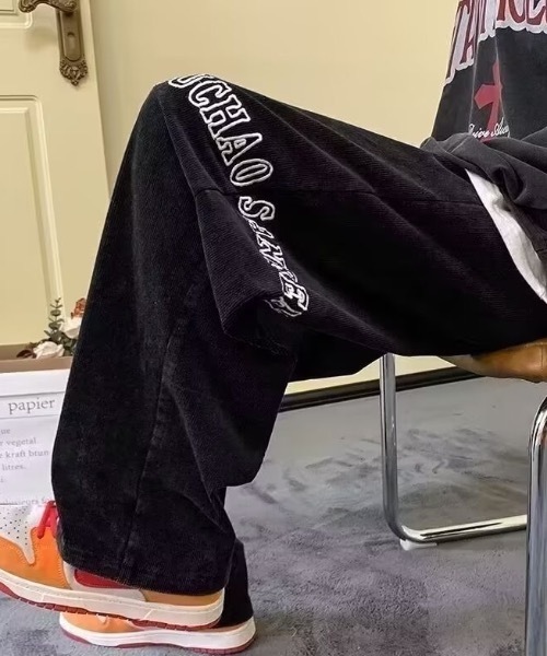 パンツ ワンポイントロゴ刺繍細コールワイドパンツ メンズ レディース