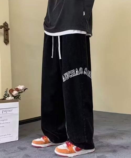 パンツ ワンポイントロゴ刺繍細コールワイドパンツ メンズ レディース