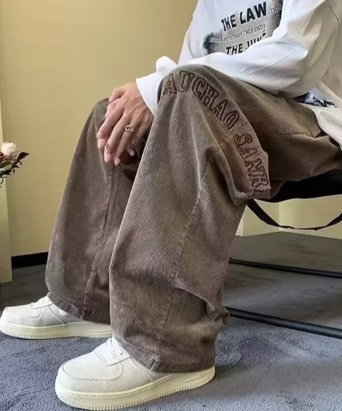 パンツ ワンポイントロゴ刺繍細コールワイドパンツ メンズ レディース