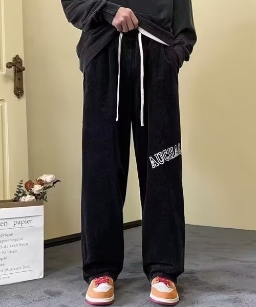 パンツ ワンポイントロゴ刺繍細コールワイドパンツ メンズ レディース