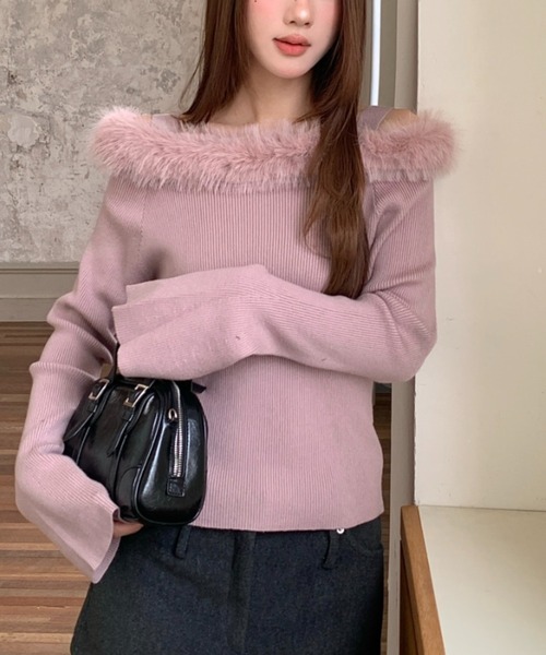 Achic（アシック） ニット セーター ファー付きオフショルダー ニット
