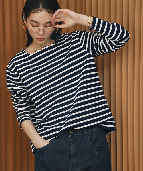ELFRANK tシャツ スカラップネック ボーダーカットソー 長袖 きれいめ