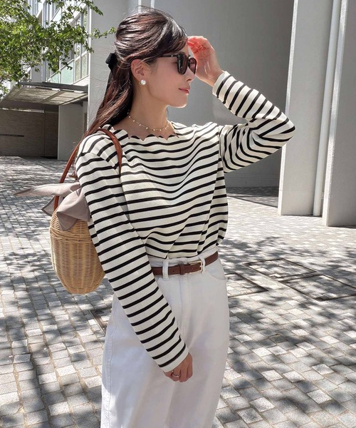 ELFRANK tシャツ スカラップネック ボーダーカットソー 長袖 きれいめ