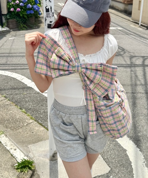 SIWEOL107 リボン ショルダーバッグ ピンク チェック柄 SOLLON.（ソルロン） ショルダーバッグ バッグ ビッグリボンチェック