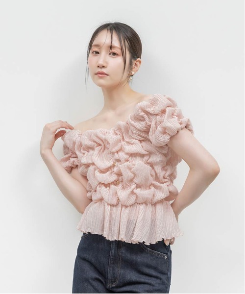 RANDA（ランダ） ブラウス シャツ 半袖 シャーリングオフショルダー