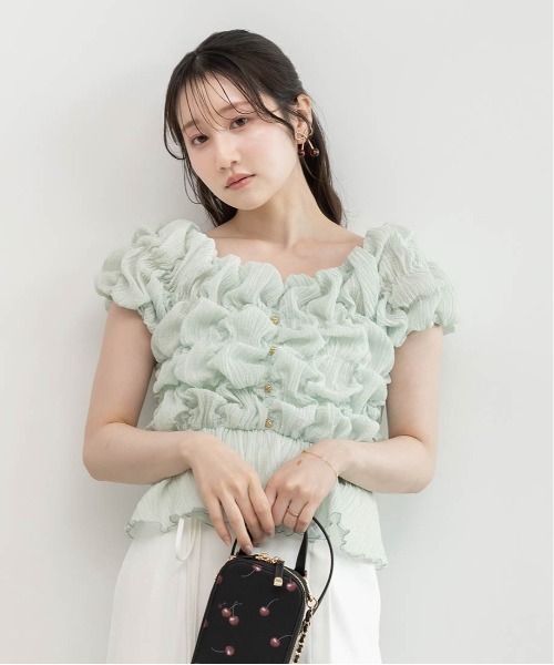 RANDA（ランダ） ブラウス シャツ 半袖 シャーリングオフショルダー