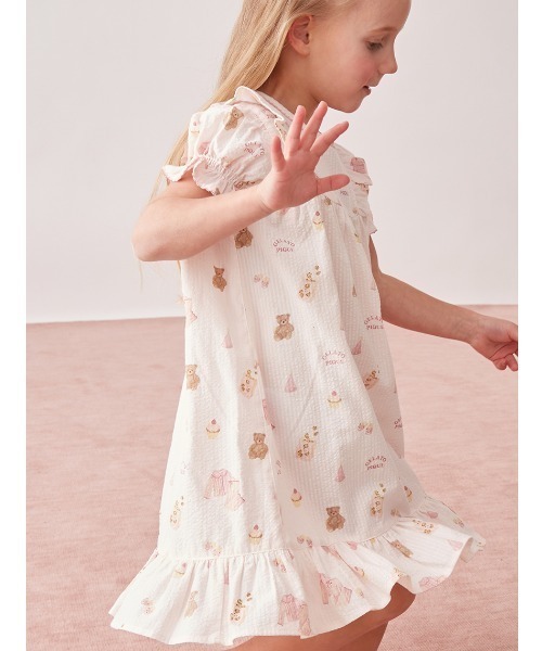ルームウェア 「KIDS」パジャマパーティー柄シャーリングワンピース キッズ 子供の画像