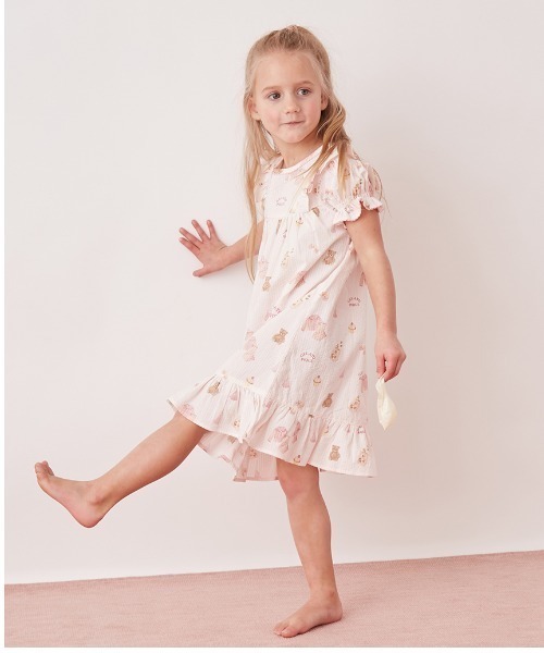 ルームウェア 「KIDS」パジャマパーティー柄シャーリングワンピース キッズ 子供の画像