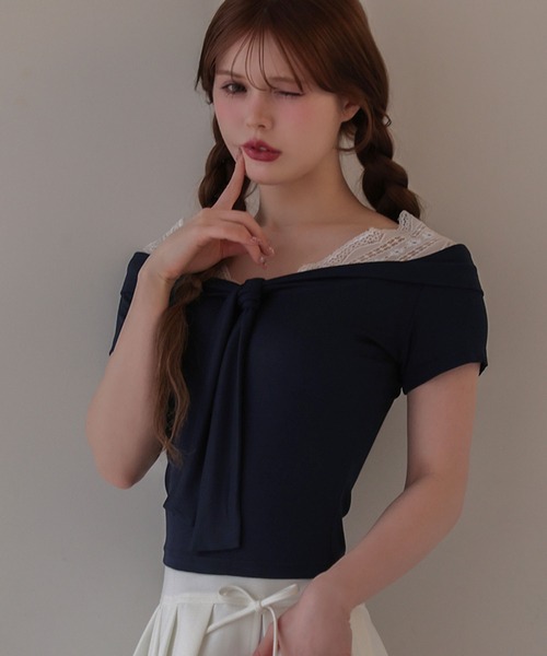 M DOLLY tシャツ Lace colette bowtie ribbon tops/レースコレット