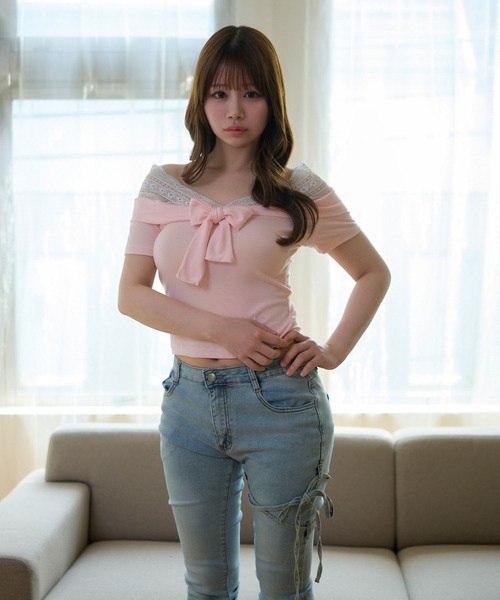 M DOLLY tシャツ 半袖 Lace colette bowtie ribbon tops/レース