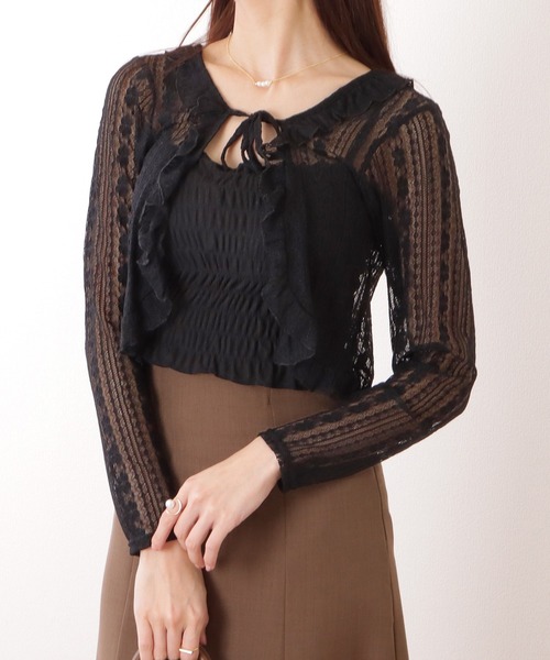 【美品】FOXEY NEWYORK ボレロ カーディガン リボン フリル Lace Ladies（レースレディース） カーディガン フリル リボン 総