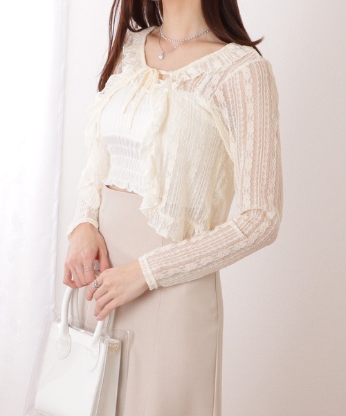 LIZLISAリボンレースボレロカットカーディガン ホワイト LIZLISAリボン
