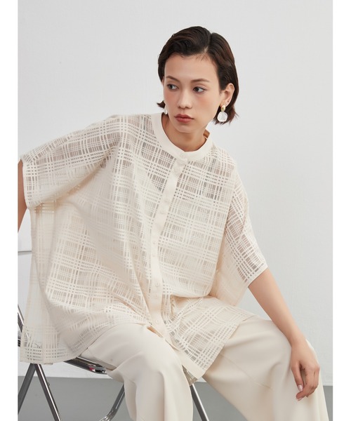 ブラウス シャツ On One's Own チェックレース・シアーブラウス・半袖オーバーシャツ・異素材ドッキングトップス レディース