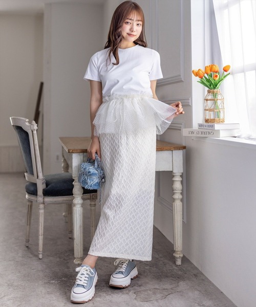 チュールトップス スクエアネックドレープチュールトップス（カットソー/Tシャツ