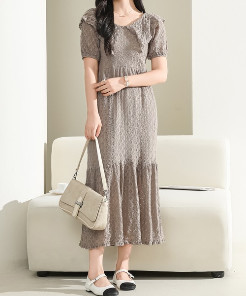 フリルカラー レースレイヤード ロングワンピース 5062601 Lace Ladies ワンピース ビッグカラー フリル レース Iライン