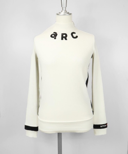 アルチビオ 長袖ハイネックシャツ 白×ブラウン 一部ベロア 袖ロゴ