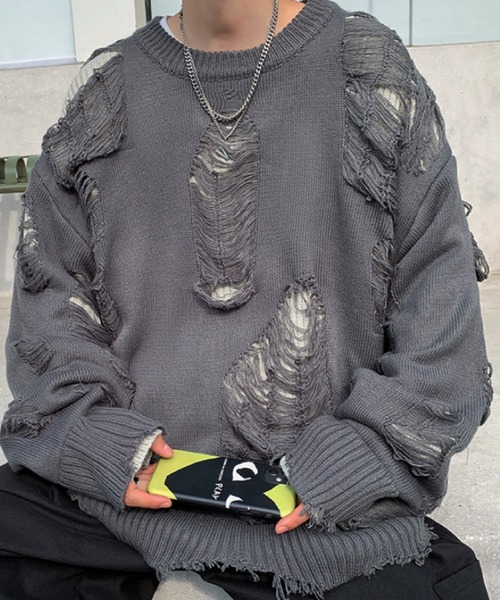 SEN TOKYO セーター ニット クルーネックダメージニットセーター