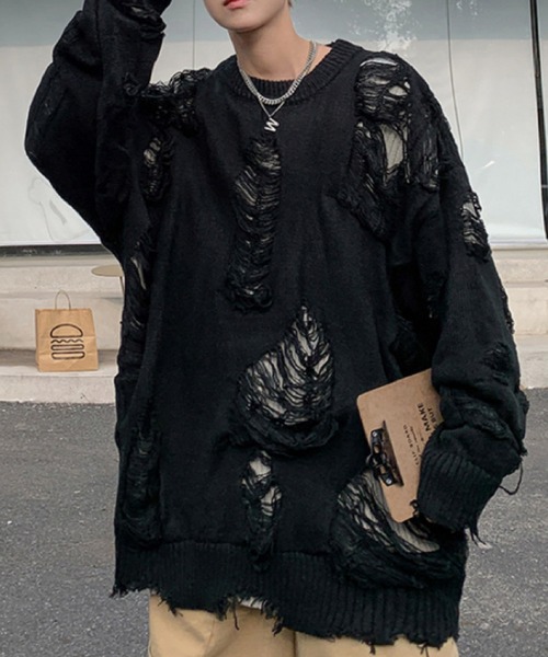 SEN TOKYO セーター ニット クルーネックダメージニットセーター