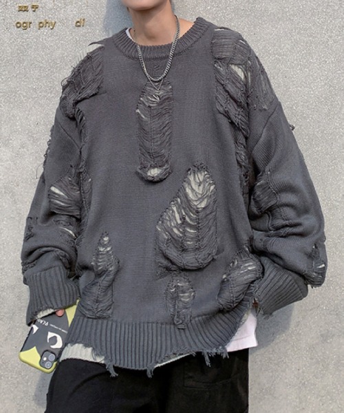 SEN TOKYO セーター ニット クルーネックダメージニットセーター