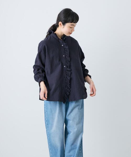 かぐれ ブラウス シャツ コットンリネンフリルカラーシャツ