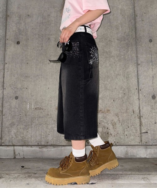 ジーンズ デニム デニムパンツ ラインストーンハーフパンツ