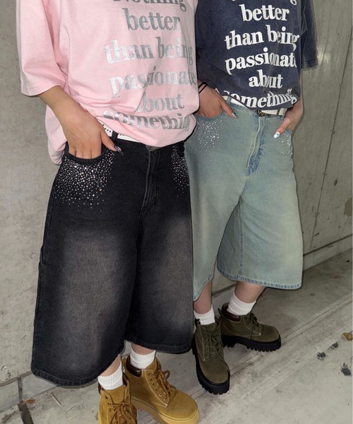 ジーンズ デニム デニムパンツ ラインストーンハーフパンツ