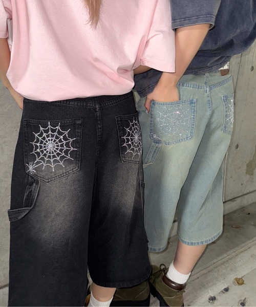 ジーンズ デニム デニムパンツ ラインストーンハーフパンツ