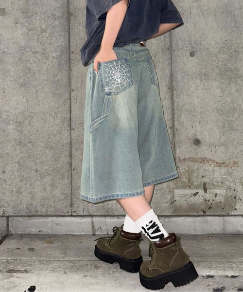 ハーフパンツ ジーンズ デニム デニムパンツ 短パン ラインストーン