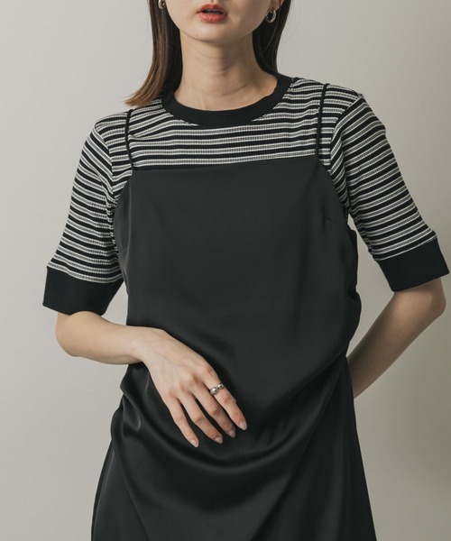 tシャツ UVカット ヤーンダイ リンガーネック ボーダー 半袖カットソー レディース リンガーネックボーダーT トップス Tシャツ 半袖 ボーダー