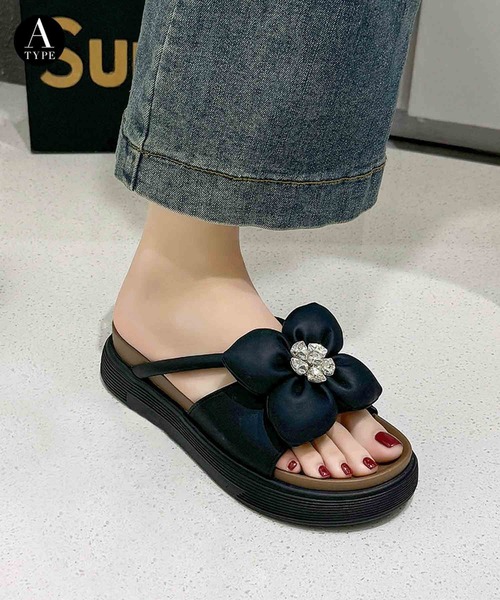 LOWO 厚底 サンダル 「選べる2タイプ」フラワーモチーフ ビジュー 厚底