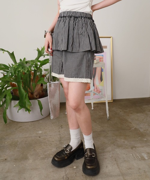 ROOP TOKYO パンツ Gingham Check Skirt Layered Lace Pants