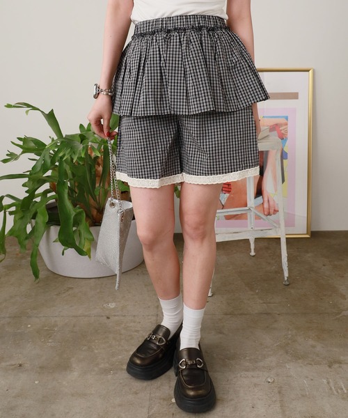 ROOP TOKYO パンツ Gingham Check Skirt Layered Lace Pants