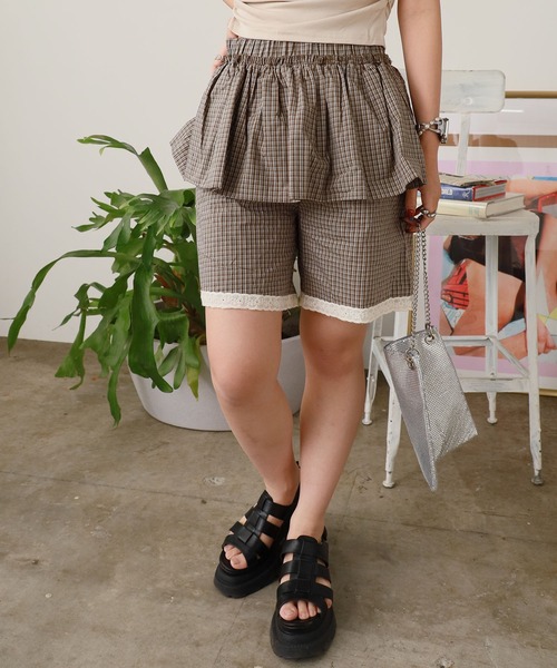 ROOP TOKYO パンツ Gingham Check Skirt Layered Lace Pants