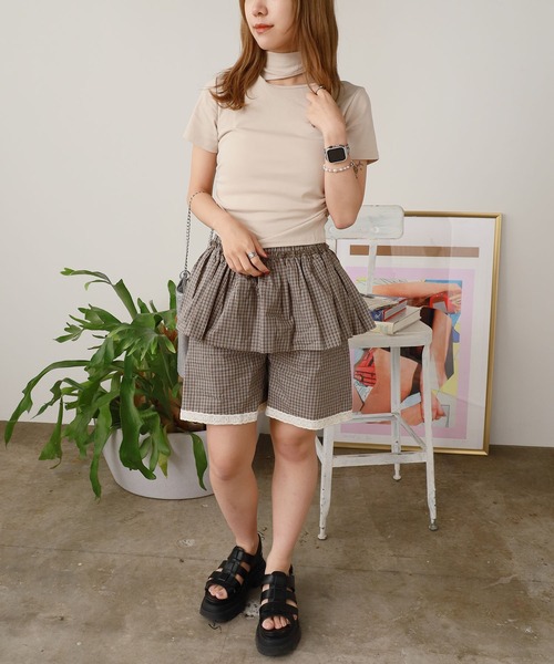 ROOP TOKYO パンツ Gingham Check Skirt Layered Lace Pants