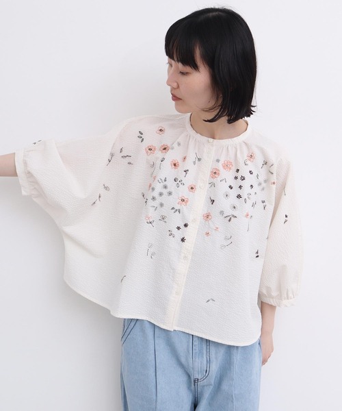 ブラウス シャツ お花スケッチ　ファー刺繍ブラウス レディース
